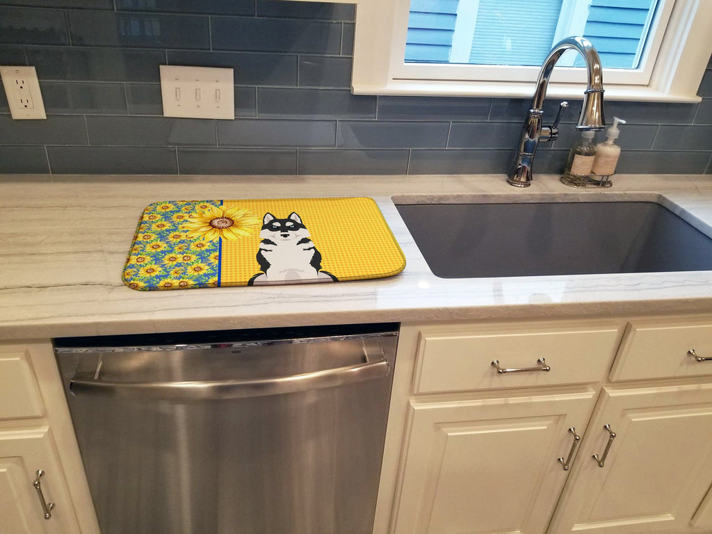 Summer Sunflowers Black Siberian Husky Dish Drying Mat Absorbent Dish Drying Mat Pad for Kitchen Counter Dish Drainer Mat for Countertop, 14 x 21", Multicolor