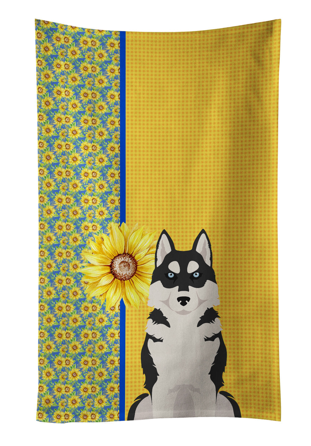 Summer Sunflowers Black Siberian Husky Kitchen Towel Velour Plush Front and Cotton Loop Back Machine Washable