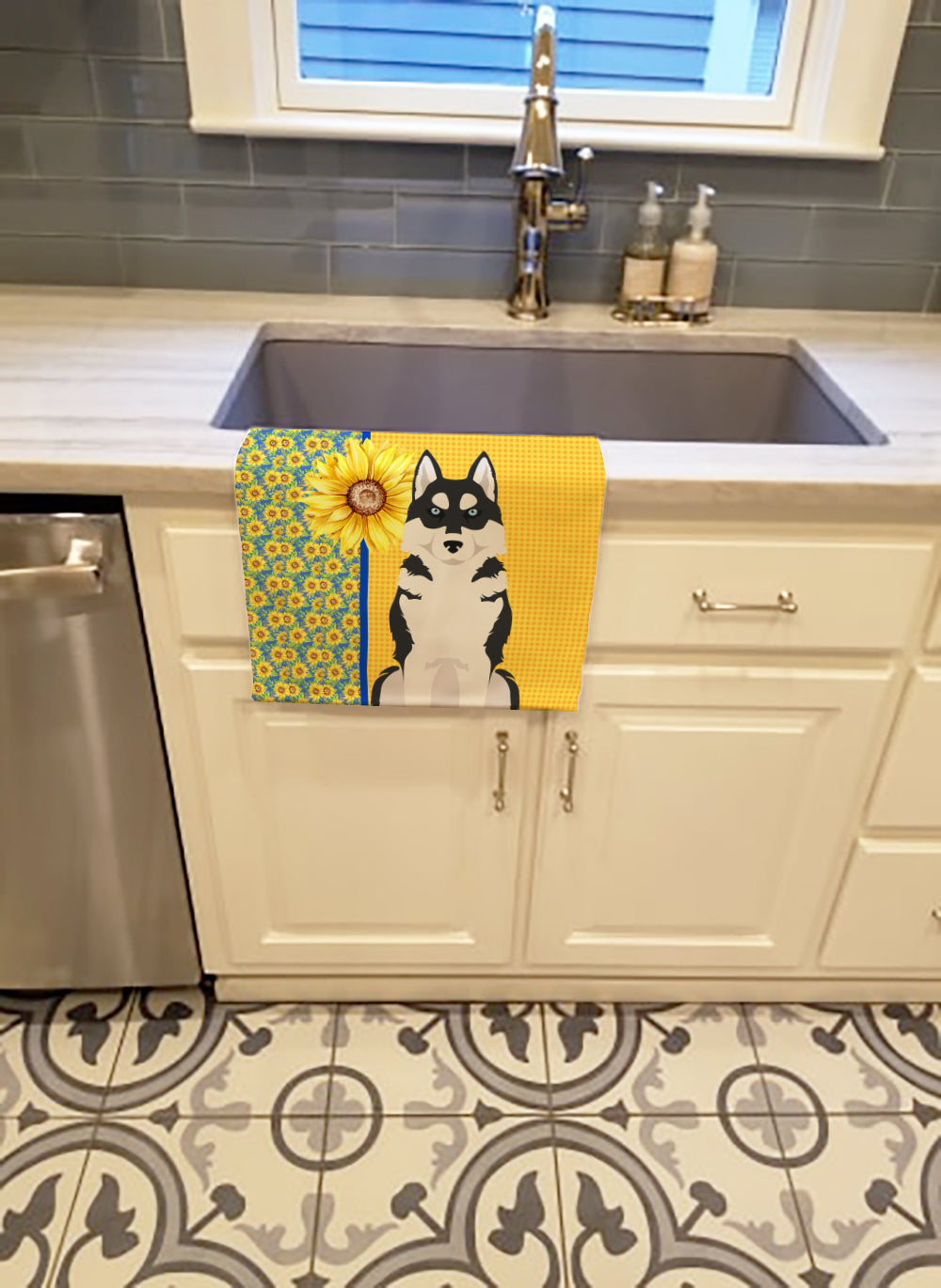 Summer Sunflowers Black Siberian Husky Kitchen Towel Velour Plush Front and Cotton Loop Back Machine Washable