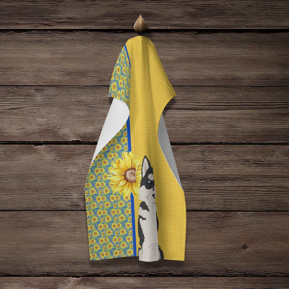 Summer Sunflowers Black Siberian Husky Kitchen Towel Velour Plush Front and Cotton Loop Back Machine Washable