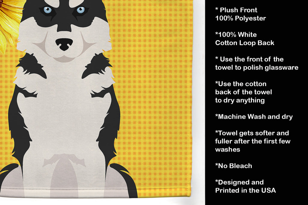 Summer Sunflowers Black Siberian Husky Kitchen Towel Velour Plush Front and Cotton Loop Back Machine Washable