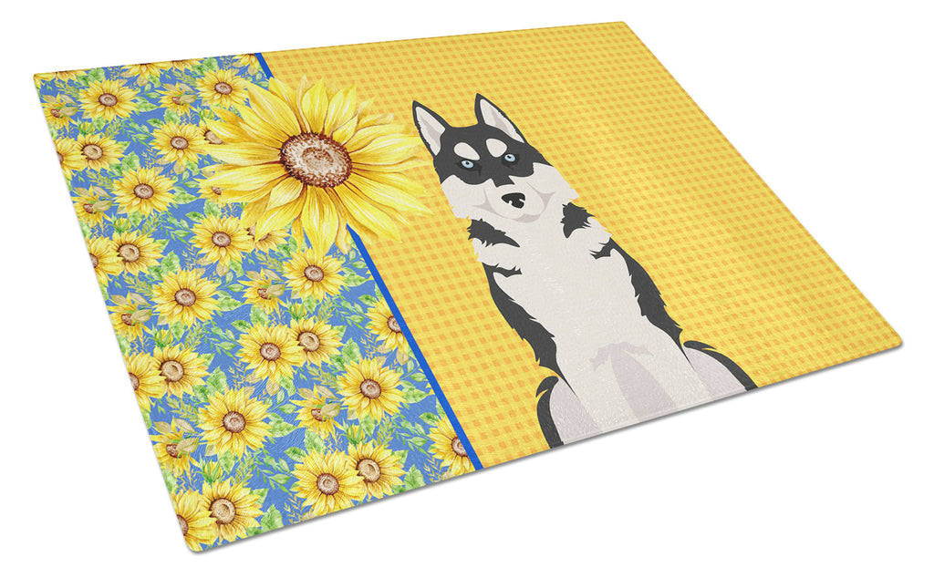 Summer Sunflowers Black Siberian Husky Cutting Board Tempered Glass Kitchen Cutting Surface, Heat Resistant Chopping, Non-Slip Feet, Food Prep & Serving