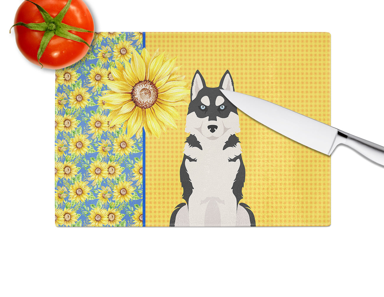 Summer Sunflowers Black Siberian Husky Cutting Board Tempered Glass Kitchen Cutting Surface, Heat Resistant Chopping, Non-Slip Feet, Food Prep & Serving