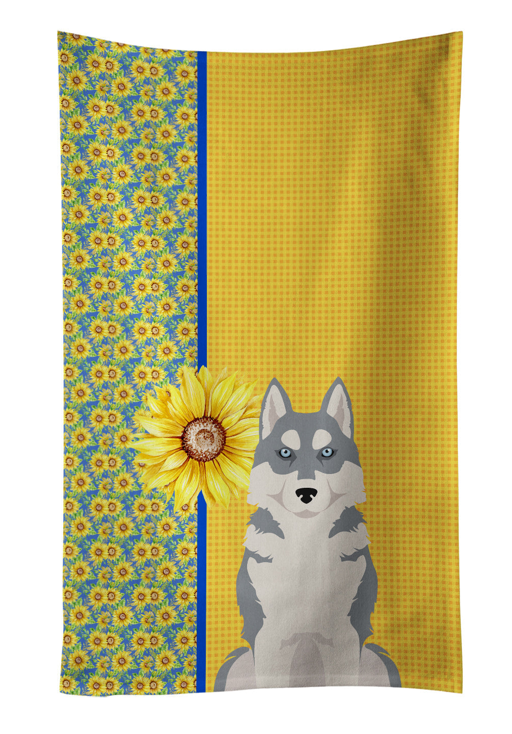 Summer Sunflowers Grey Siberian Husky Kitchen Towel Velour Plush Front and Cotton Loop Back Machine Washable