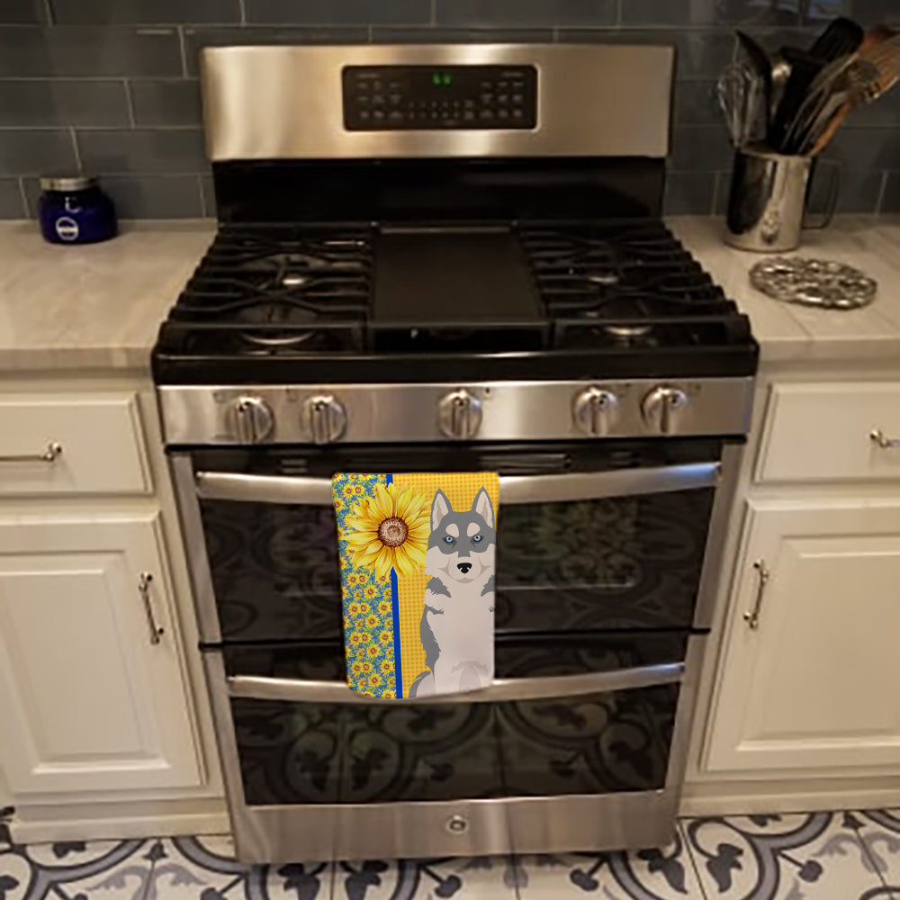 Summer Sunflowers Grey Siberian Husky Kitchen Towel Velour Plush Front and Cotton Loop Back Machine Washable