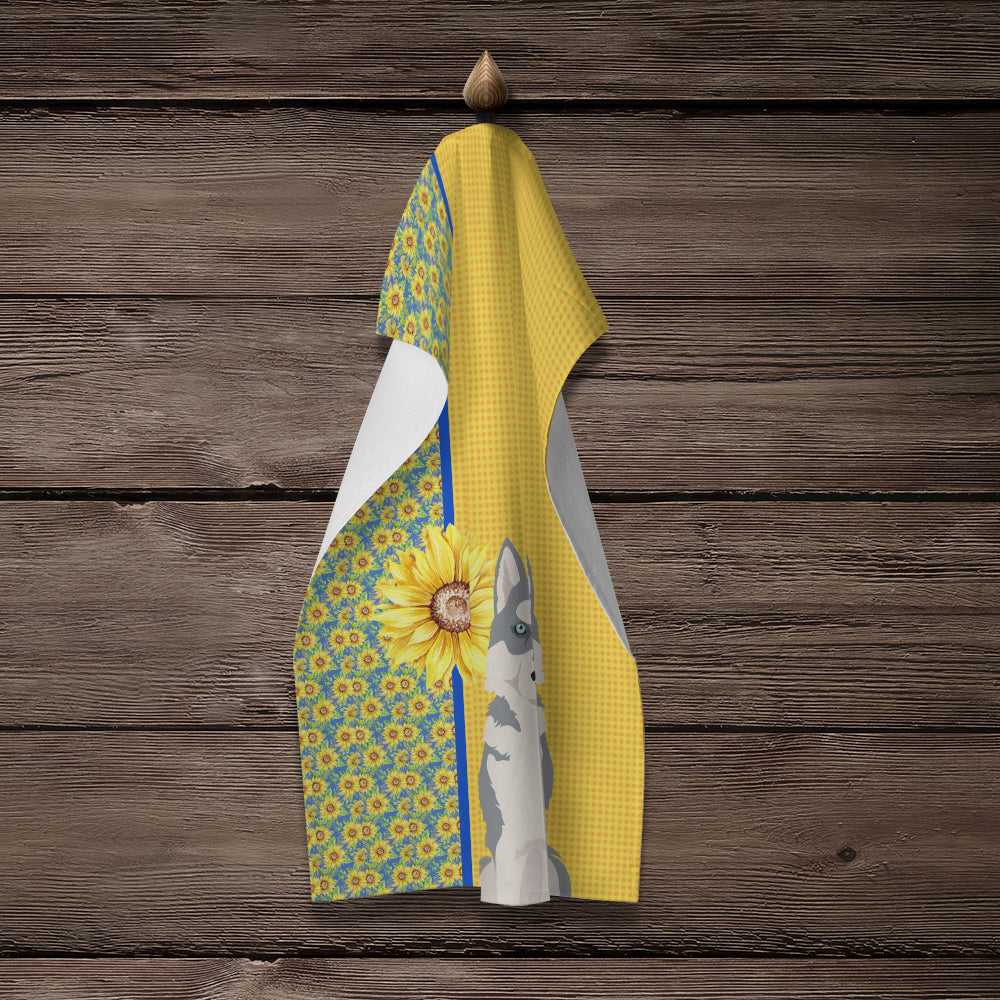 Summer Sunflowers Grey Siberian Husky Kitchen Towel Velour Plush Front and Cotton Loop Back Machine Washable