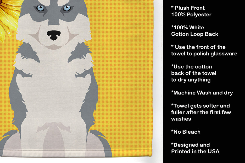 Summer Sunflowers Grey Siberian Husky Kitchen Towel Velour Plush Front and Cotton Loop Back Machine Washable