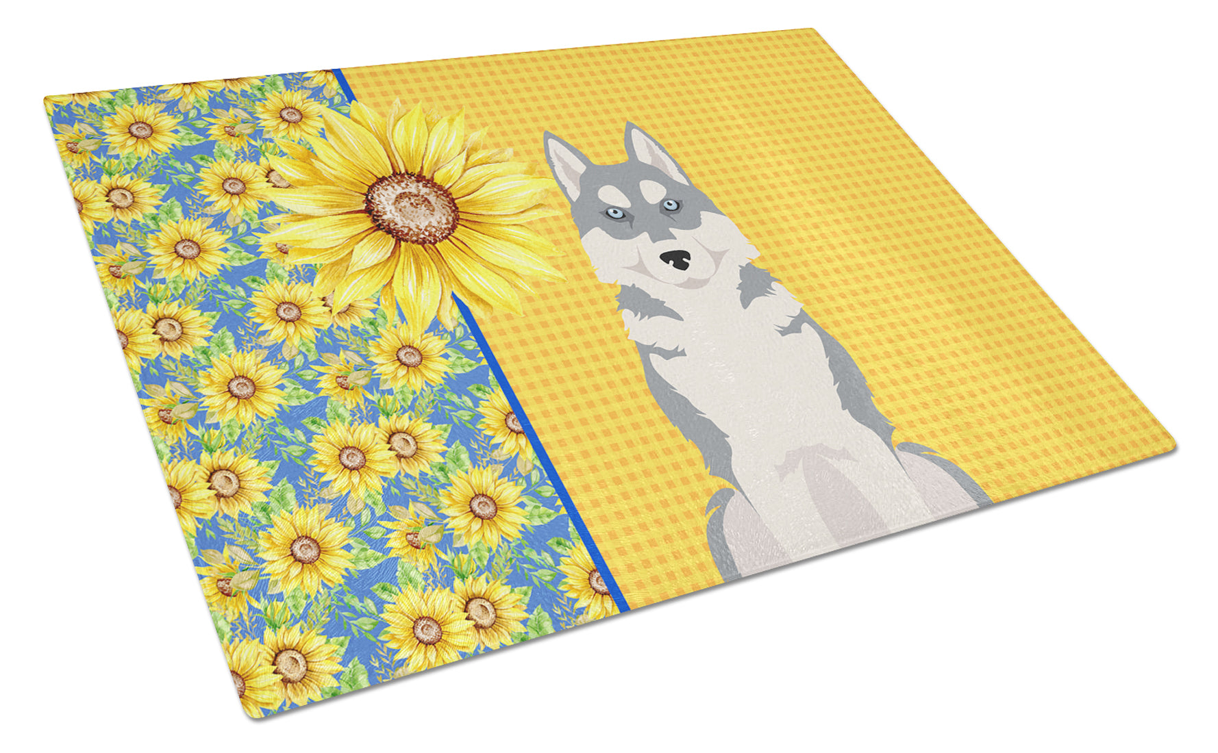 Summer Sunflowers Grey Siberian Husky Cutting Board Tempered Glass Kitchen Cutting Surface, Heat Resistant Chopping, Non-Slip Feet, Food Prep & Serving