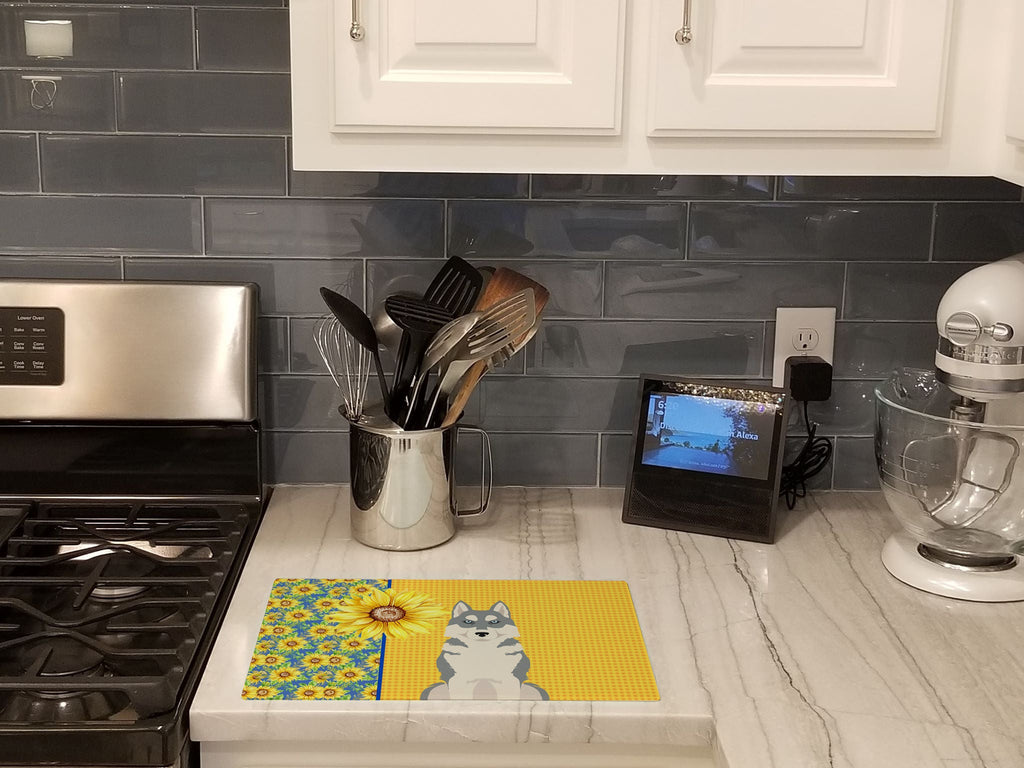 Summer Sunflowers Grey Siberian Husky Cutting Board Tempered Glass Kitchen Cutting Surface, Heat Resistant Chopping, Non-Slip Feet, Food Prep & Serving
