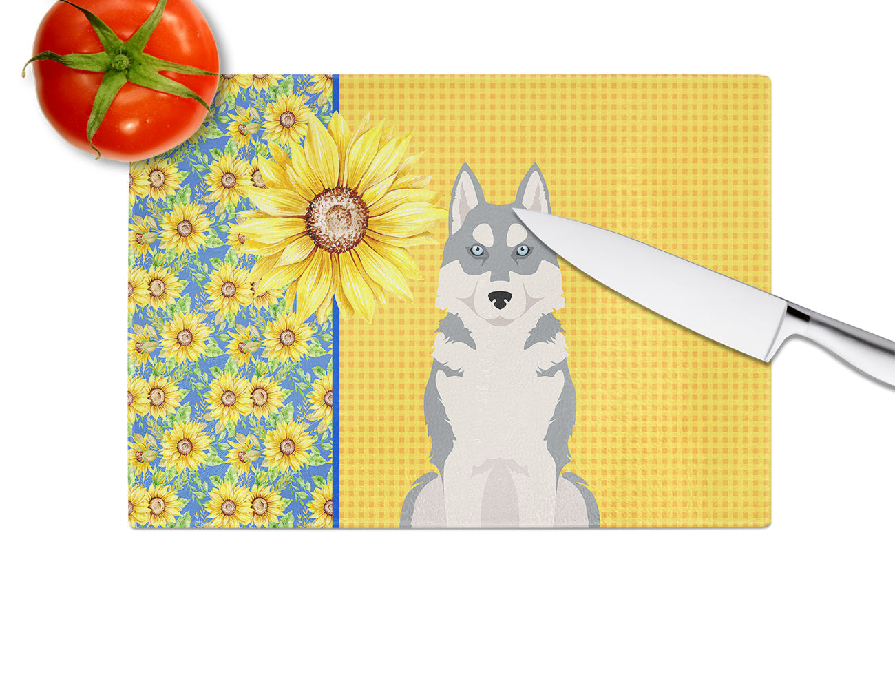 Summer Sunflowers Grey Siberian Husky Cutting Board Tempered Glass Kitchen Cutting Surface, Heat Resistant Chopping, Non-Slip Feet, Food Prep & Serving