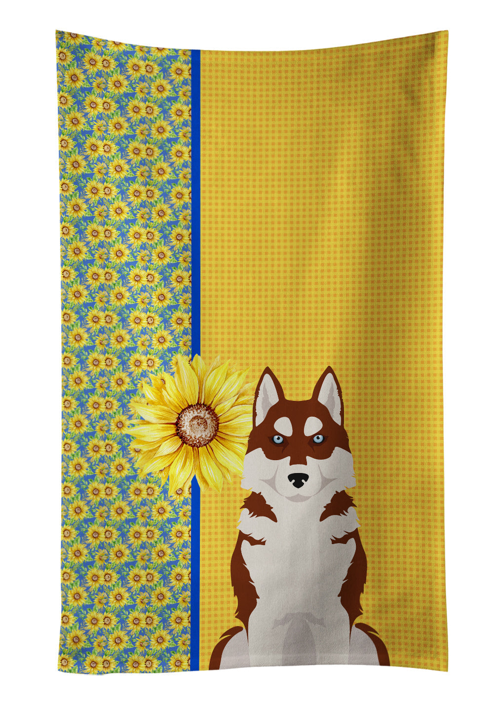 Summer Sunflowers Red Siberian Husky Kitchen Towel Velour Plush Front and Cotton Loop Back Machine Washable