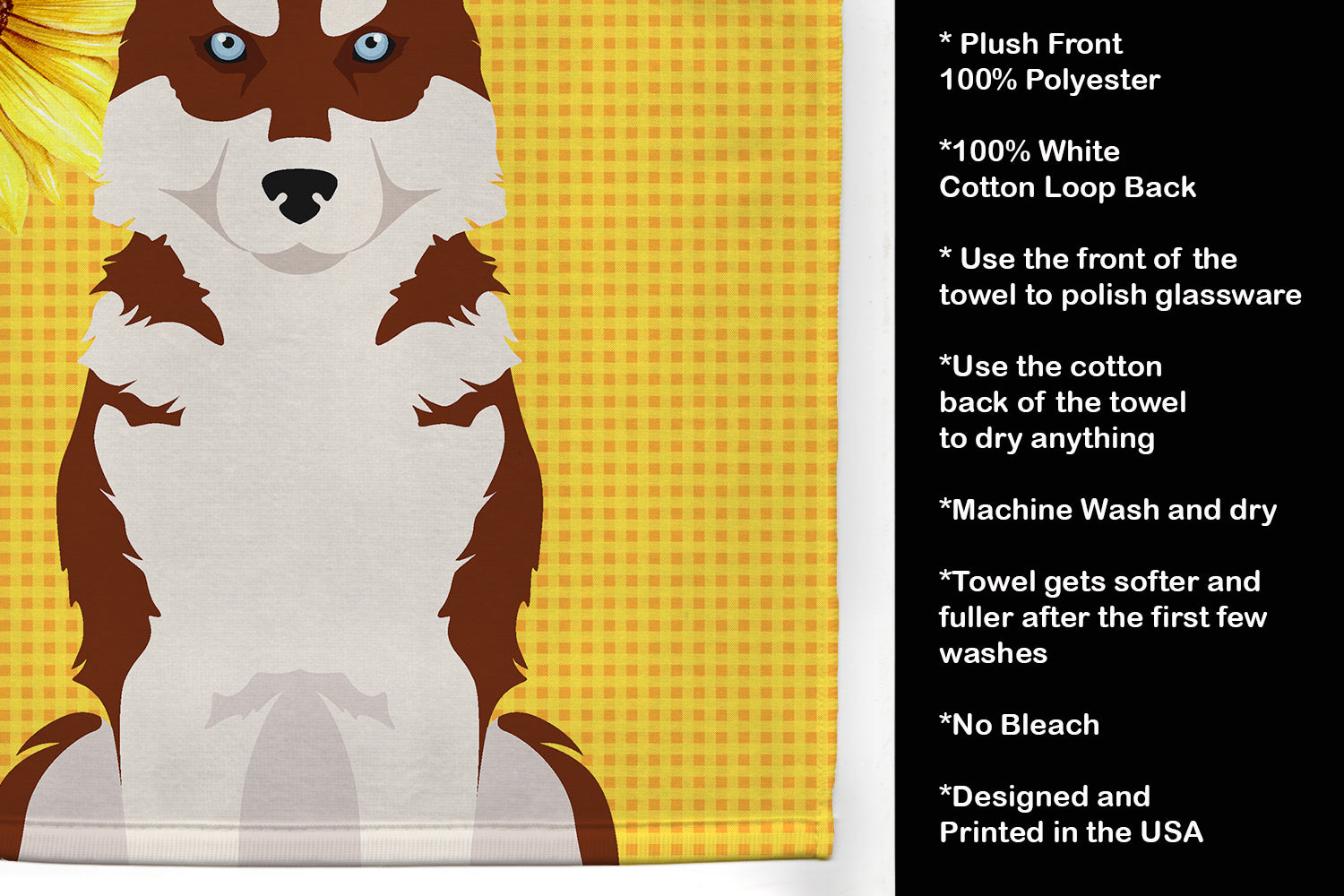 Summer Sunflowers Red Siberian Husky Kitchen Towel Velour Plush Front and Cotton Loop Back Machine Washable