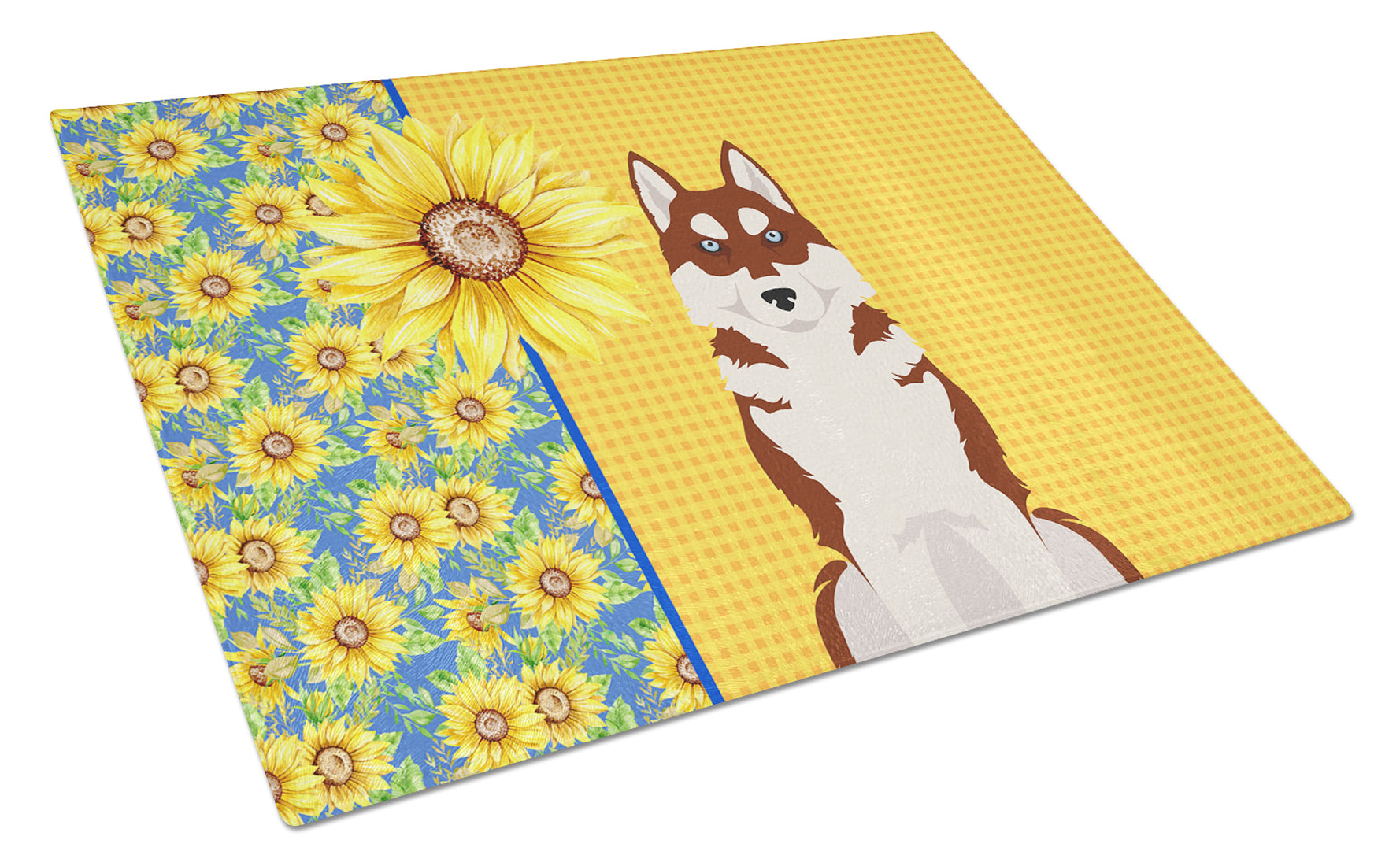Summer Sunflowers Red Siberian Husky Cutting Board Tempered Glass Kitchen Cutting Surface, Heat Resistant Chopping, Non-Slip Feet, Food Prep & Serving
