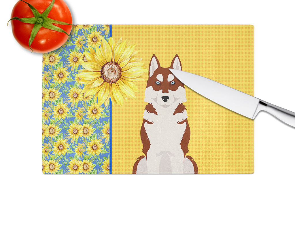 Summer Sunflowers Red Siberian Husky Cutting Board Tempered Glass Kitchen Cutting Surface, Heat Resistant Chopping, Non-Slip Feet, Food Prep & Serving