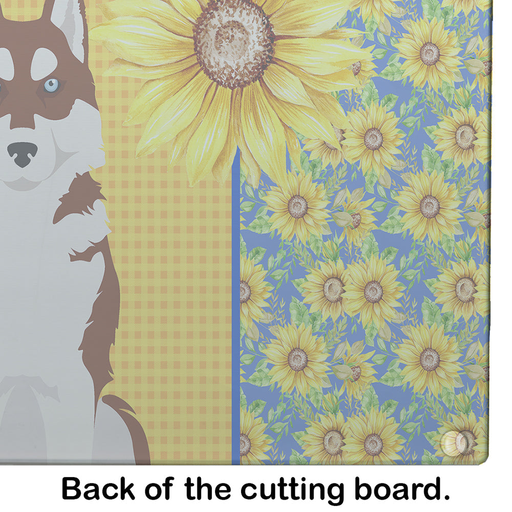 Summer Sunflowers Red Siberian Husky Cutting Board Tempered Glass Kitchen Cutting Surface, Heat Resistant Chopping, Non-Slip Feet, Food Prep & Serving