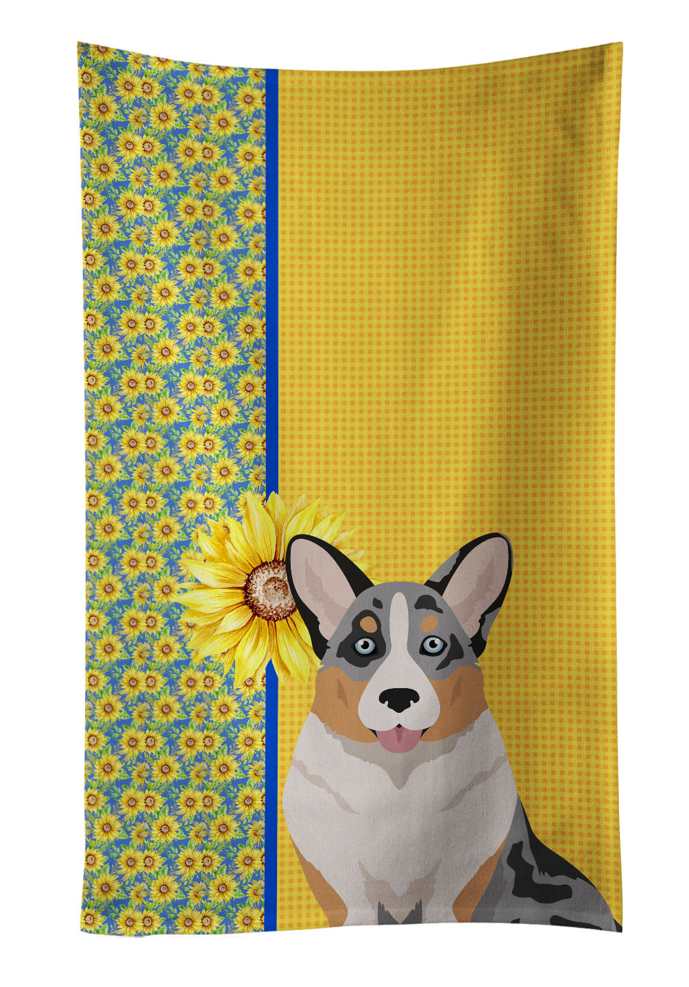 Summer Sunflowers Blue Merle Cardigan Corgi Kitchen Towel Velour Plush Front and Cotton Loop Back Machine Washable