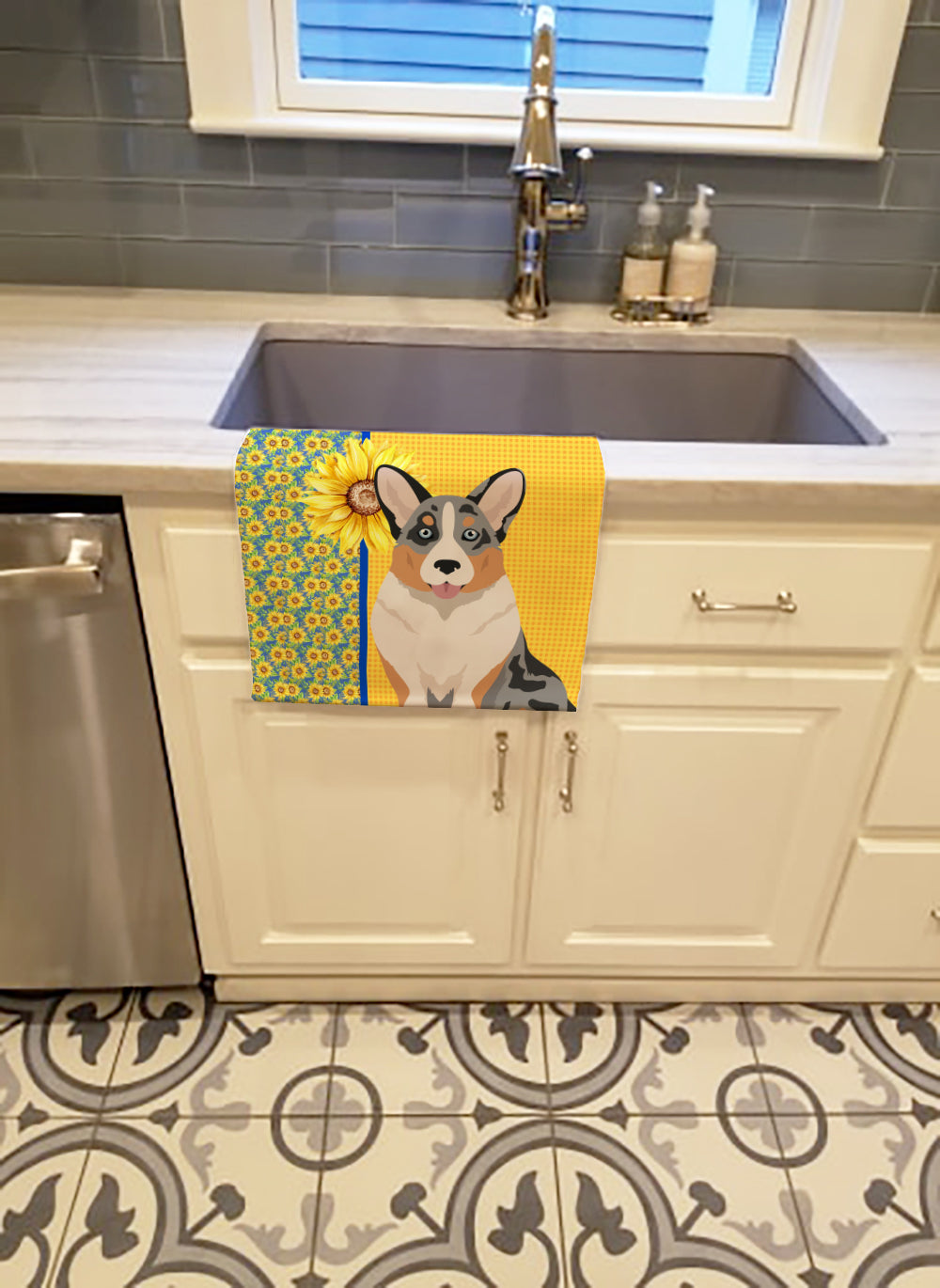Summer Sunflowers Blue Merle Cardigan Corgi Kitchen Towel Velour Plush Front and Cotton Loop Back Machine Washable