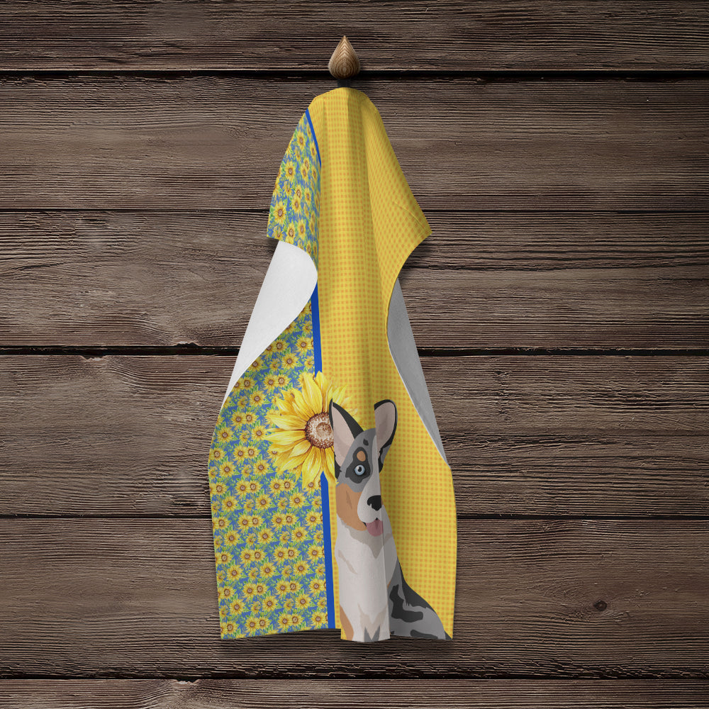 Summer Sunflowers Blue Merle Cardigan Corgi Kitchen Towel Velour Plush Front and Cotton Loop Back Machine Washable