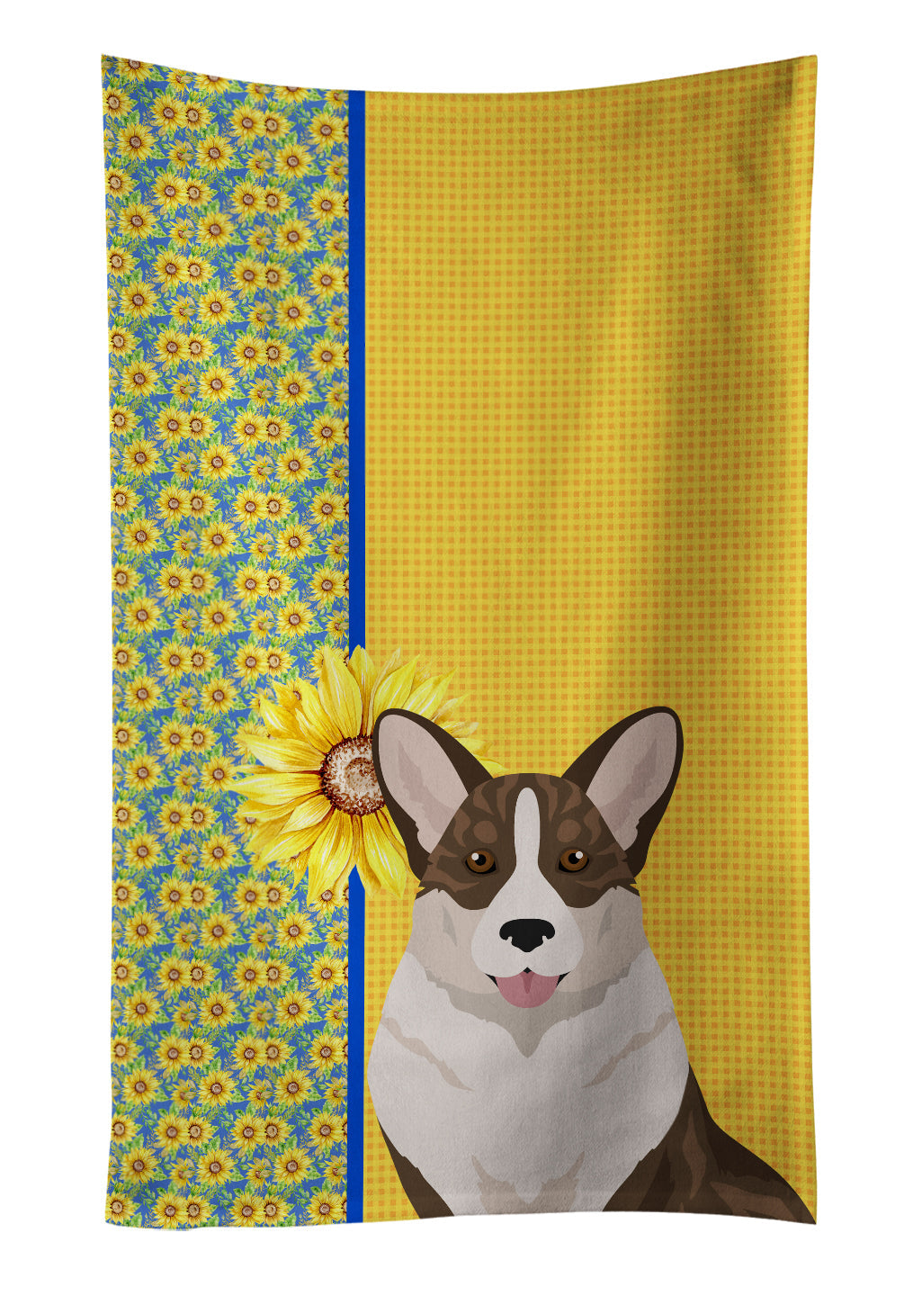 Summer Sunflowers Brindle Cardigan Corgi Kitchen Towel Velour Plush Front and Cotton Loop Back Machine Washable