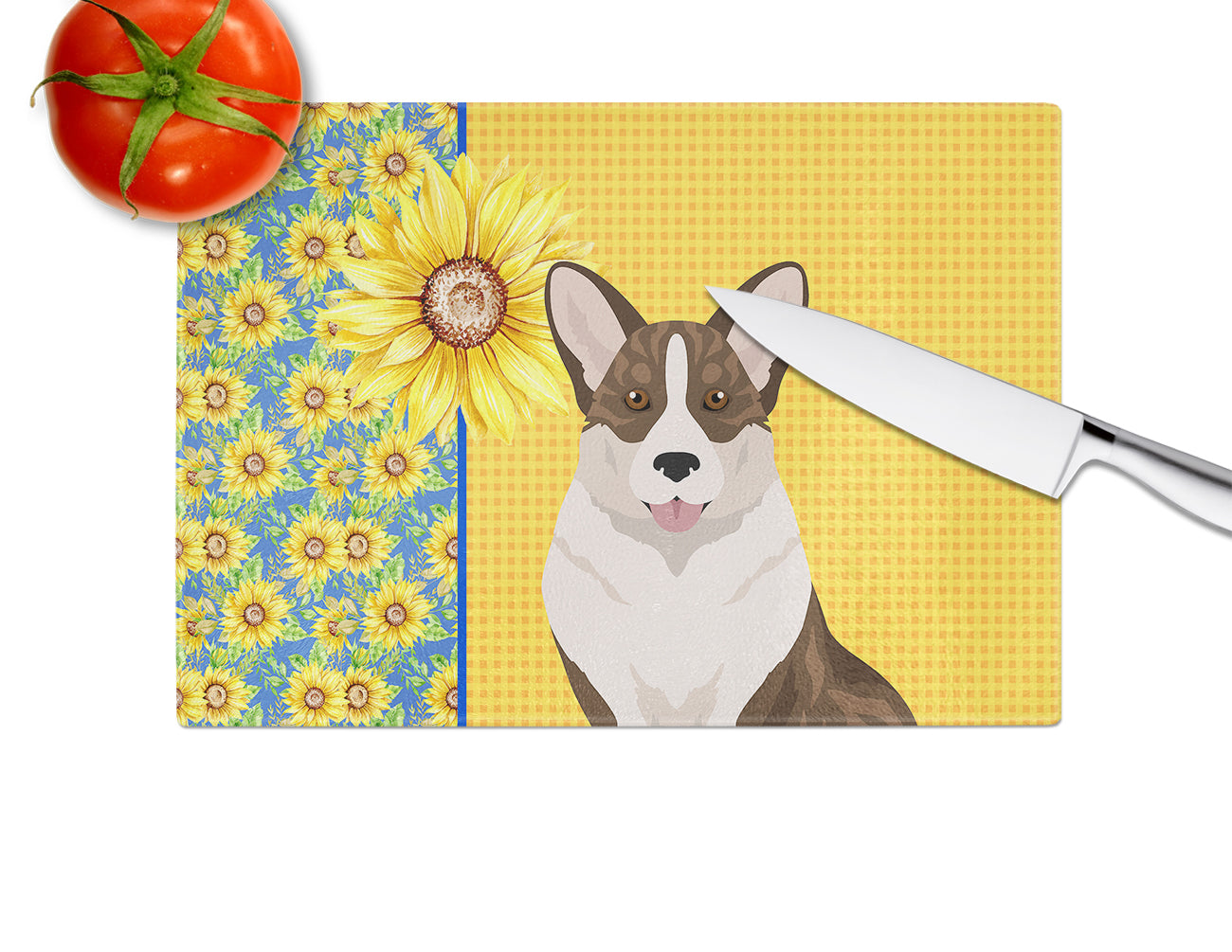 Summer Sunflowers Brindle Cardigan Corgi Cutting Board Tempered Glass Kitchen Cutting Surface, Heat Resistant Chopping, Non-Slip Feet, Food Prep & Serving