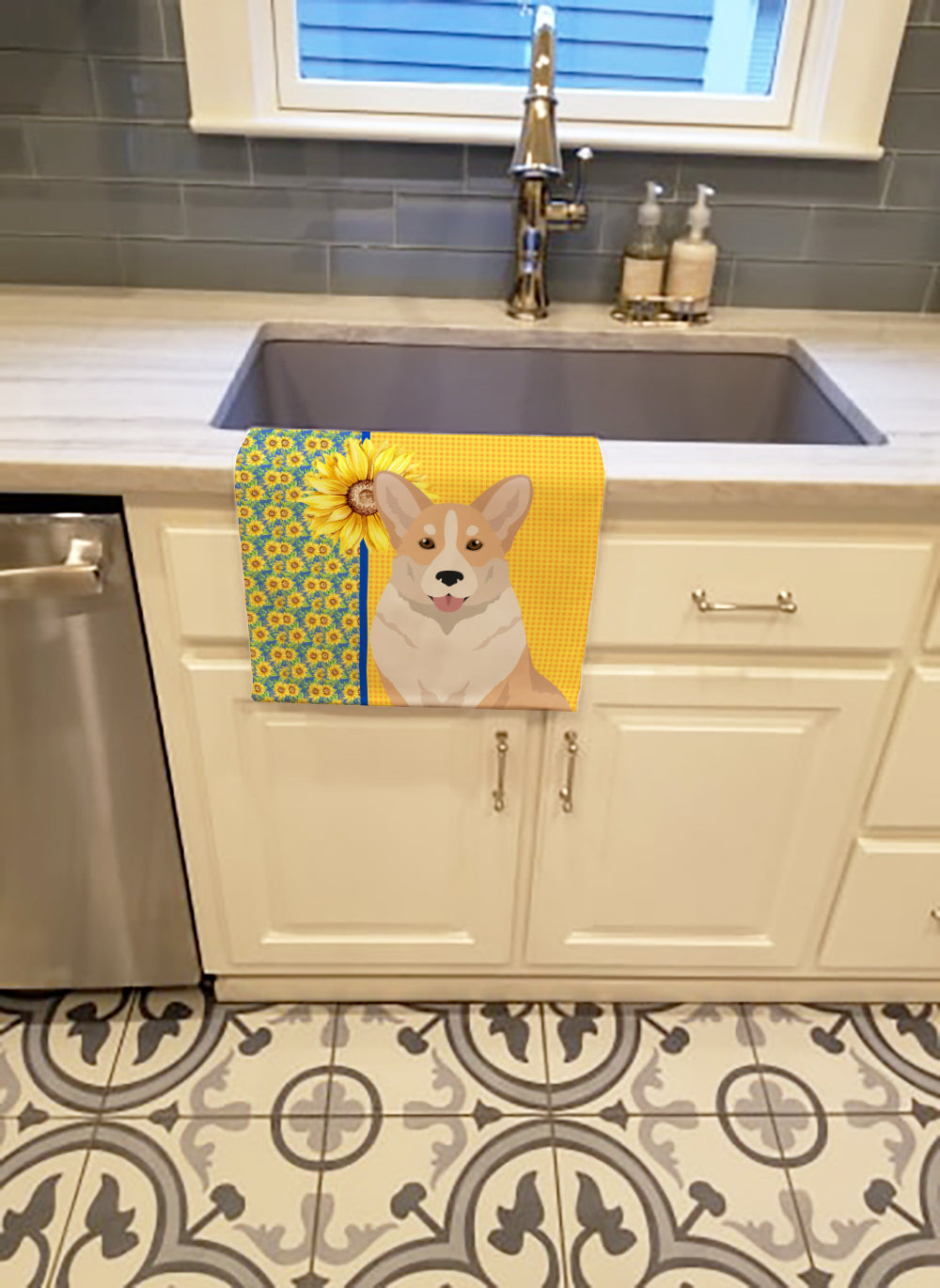 Summer Sunflowers Fawn Cardigan Corgi Kitchen Towel Velour Plush Front and Cotton Loop Back Machine Washable