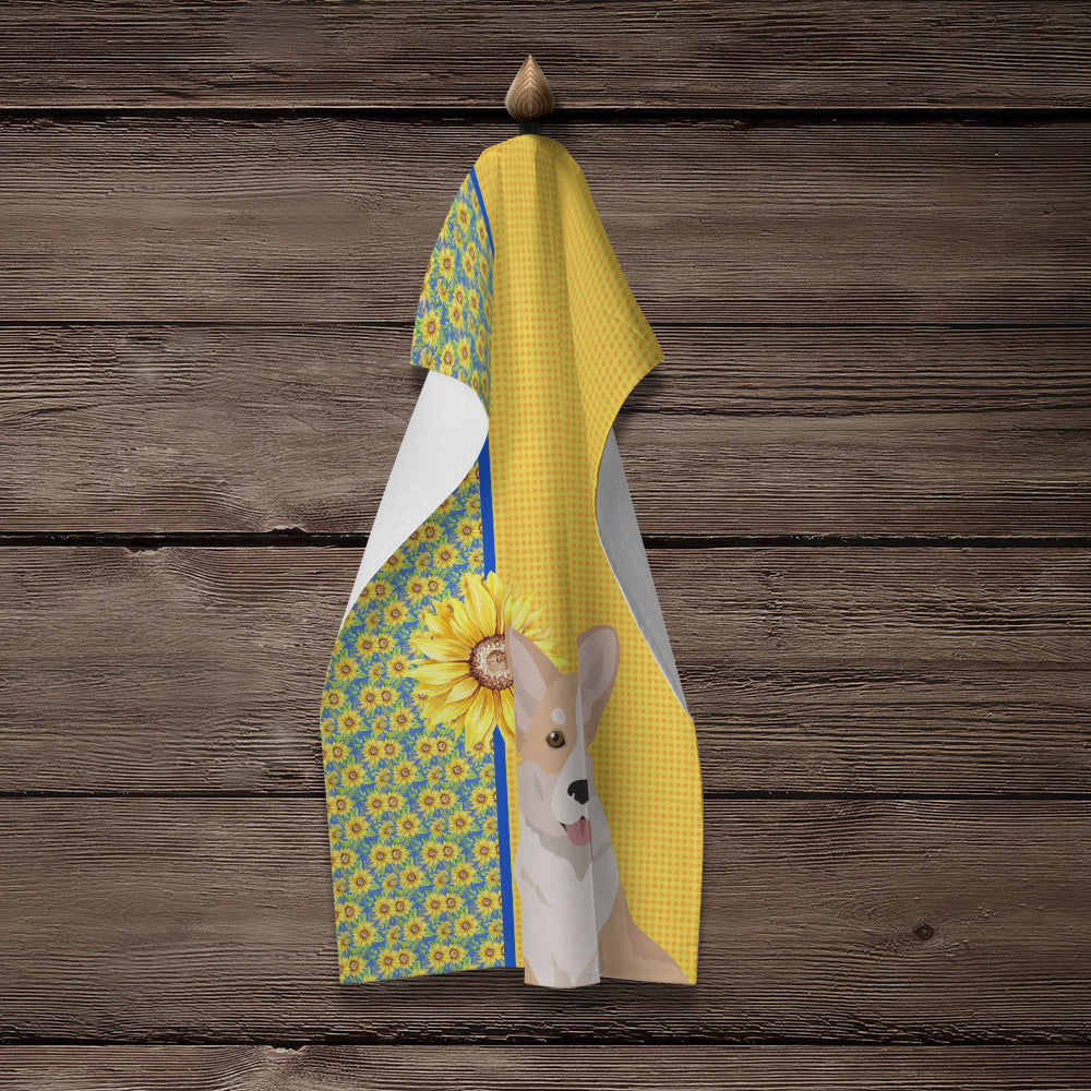 Summer Sunflowers Fawn Cardigan Corgi Kitchen Towel Velour Plush Front and Cotton Loop Back Machine Washable