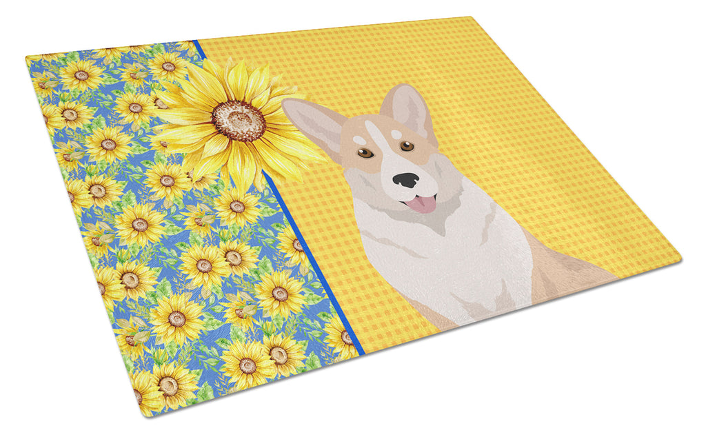 Summer Sunflowers Fawn Cardigan Corgi Cutting Board Tempered Glass Kitchen Cutting Surface, Heat Resistant Chopping, Non-Slip Feet, Food Prep & Serving