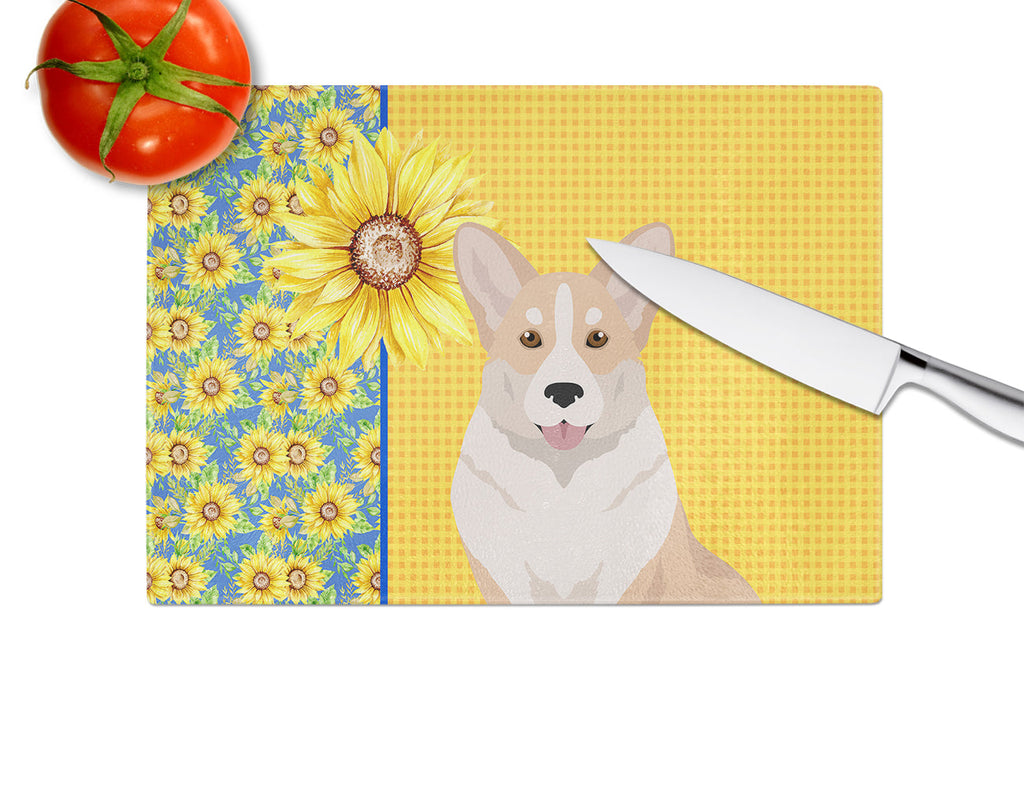 Summer Sunflowers Fawn Cardigan Corgi Cutting Board Tempered Glass Kitchen Cutting Surface, Heat Resistant Chopping, Non-Slip Feet, Food Prep & Serving