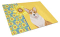 Summer Sunflowers Red Cardigan Corgi Cutting Board Tempered Glass Kitchen Cutting Surface, Heat Resistant Chopping, Non-Slip Feet, Food Prep & Serving