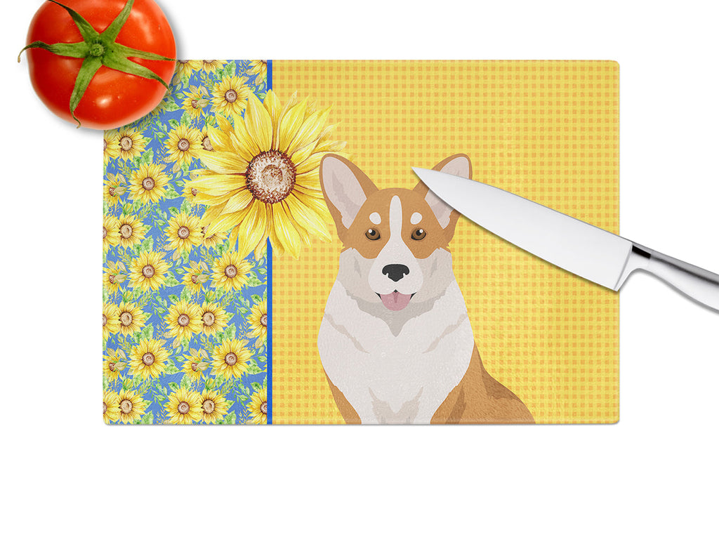 Summer Sunflowers Red Cardigan Corgi Cutting Board Tempered Glass Kitchen Cutting Surface, Heat Resistant Chopping, Non-Slip Feet, Food Prep & Serving