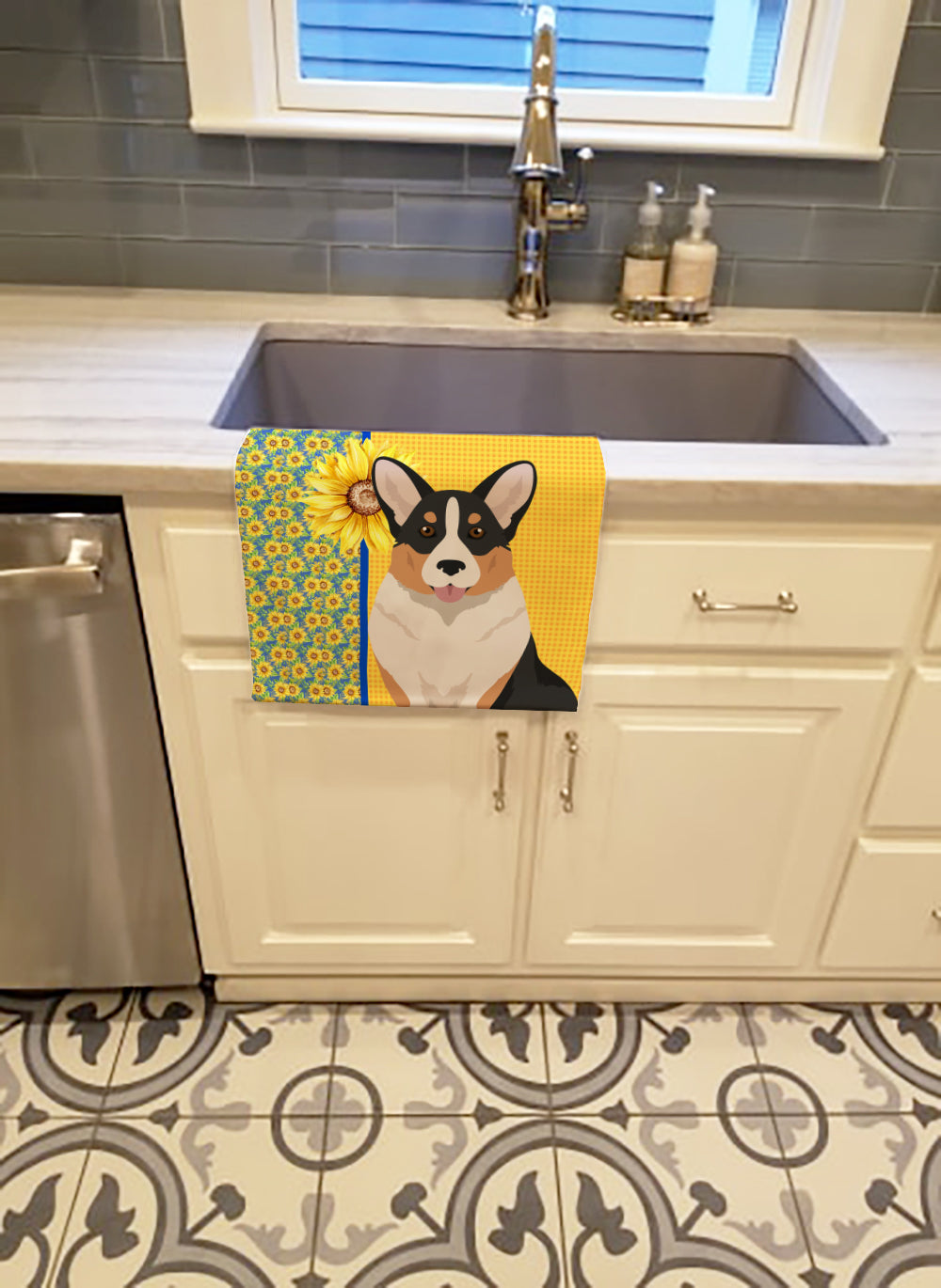Summer Sunflowers Tricolor Cardigan Corgi Kitchen Towel Velour Plush Front and Cotton Loop Back Machine Washable