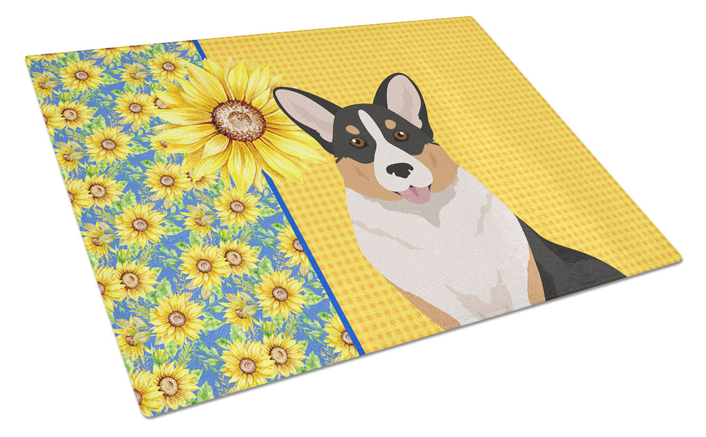 Summer Sunflowers Tricolor Cardigan Corgi Cutting Board Tempered Glass Kitchen Cutting Surface, Heat Resistant Chopping, Non-Slip Feet, Food Prep & Serving