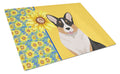 Summer Sunflowers Tricolor Cardigan Corgi Cutting Board Tempered Glass Kitchen Cutting Surface, Heat Resistant Chopping, Non-Slip Feet, Food Prep & Serving