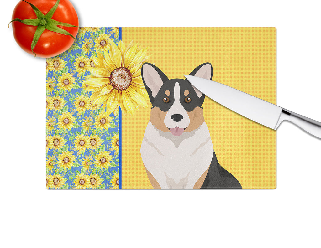 Summer Sunflowers Tricolor Cardigan Corgi Cutting Board Tempered Glass Kitchen Cutting Surface, Heat Resistant Chopping, Non-Slip Feet, Food Prep & Serving