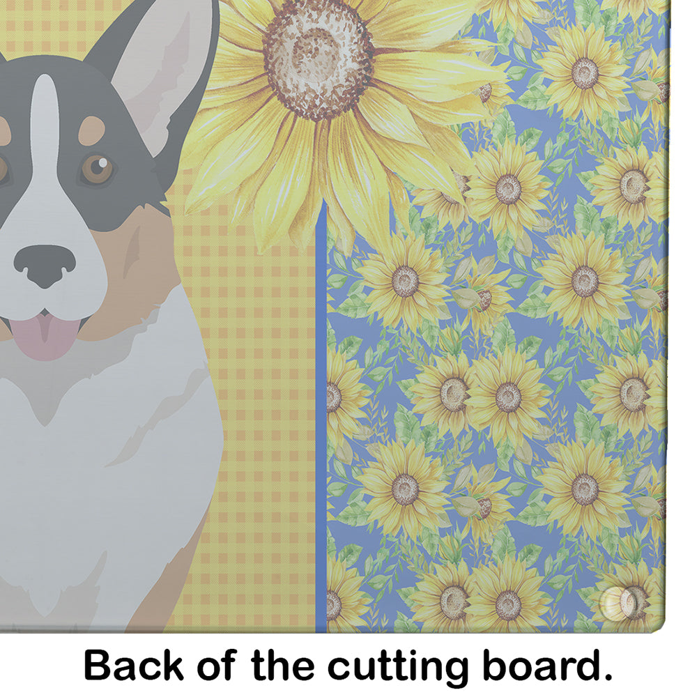 Summer Sunflowers Tricolor Cardigan Corgi Cutting Board Tempered Glass Kitchen Cutting Surface, Heat Resistant Chopping, Non-Slip Feet, Food Prep & Serving