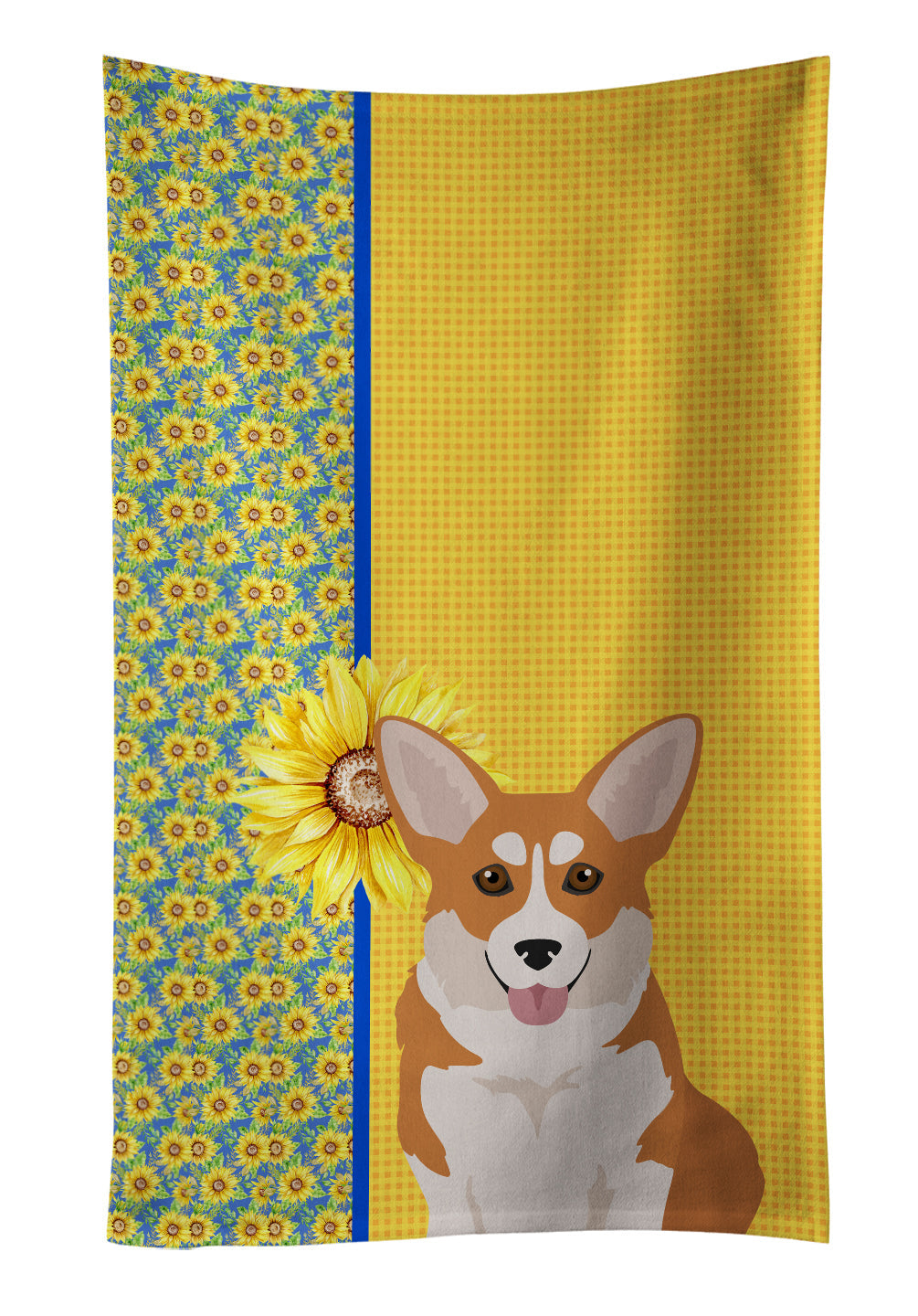 Summer Sunflowers Red Pembroke Corgi Kitchen Towel Velour Plush Front and Cotton Loop Back Machine Washable