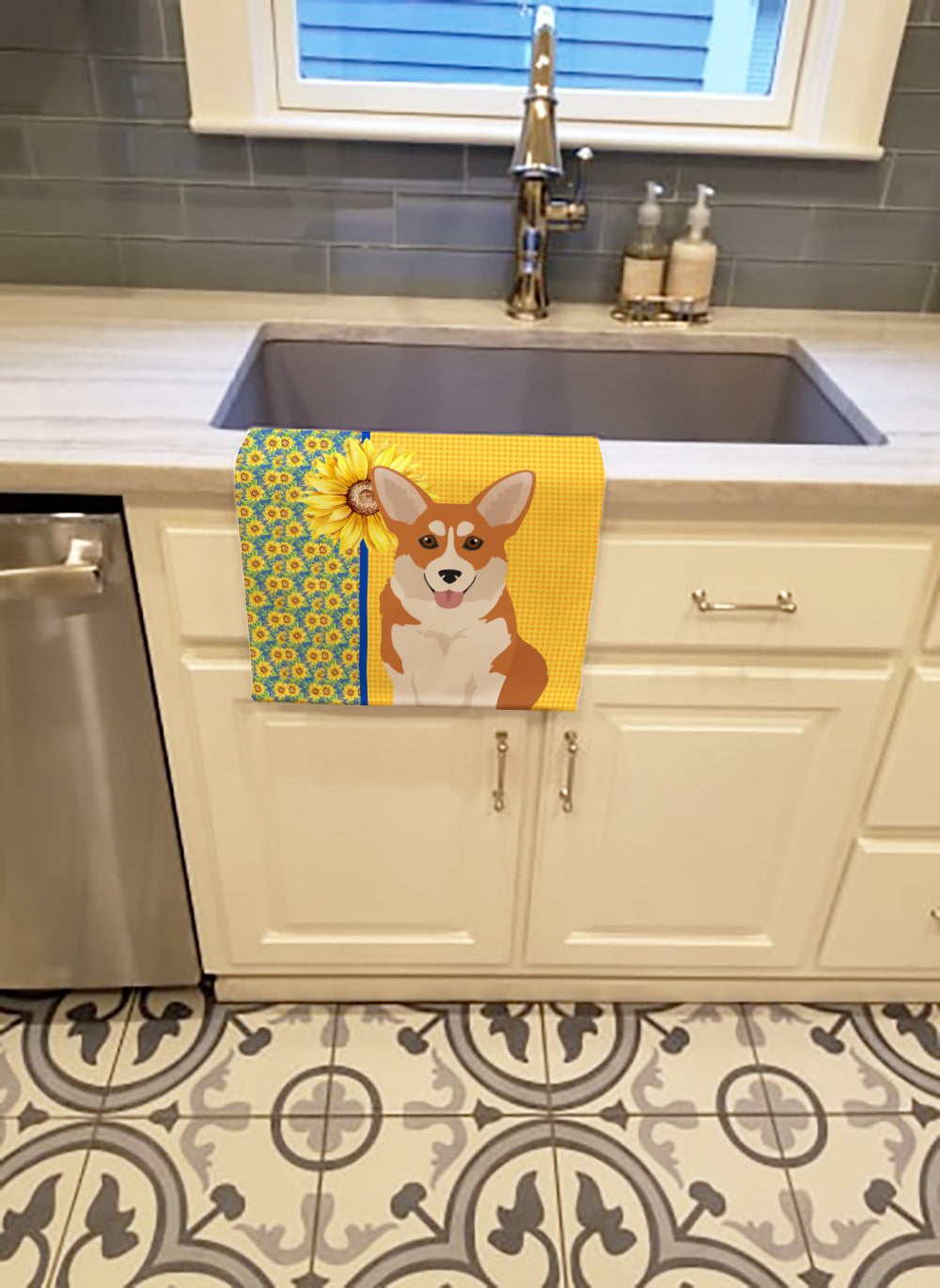 Summer Sunflowers Red Pembroke Corgi Kitchen Towel Velour Plush Front and Cotton Loop Back Machine Washable