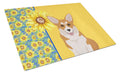 Summer Sunflowers Red Pembroke Corgi Cutting Board Tempered Glass Kitchen Cutting Surface, Heat Resistant Chopping, Non-Slip Feet, Food Prep & Serving