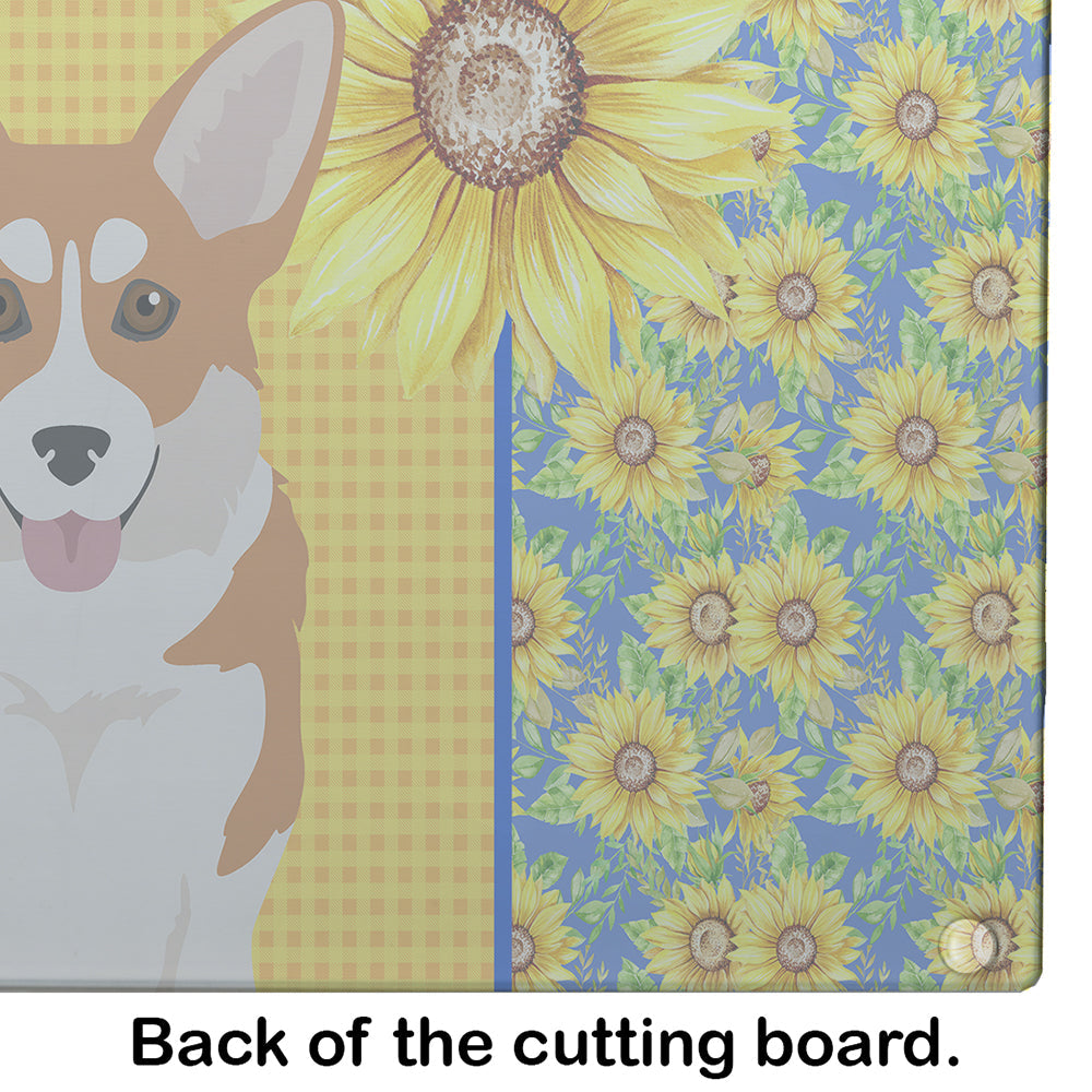Summer Sunflowers Red Pembroke Corgi Cutting Board Tempered Glass Kitchen Cutting Surface, Heat Resistant Chopping, Non-Slip Feet, Food Prep & Serving
