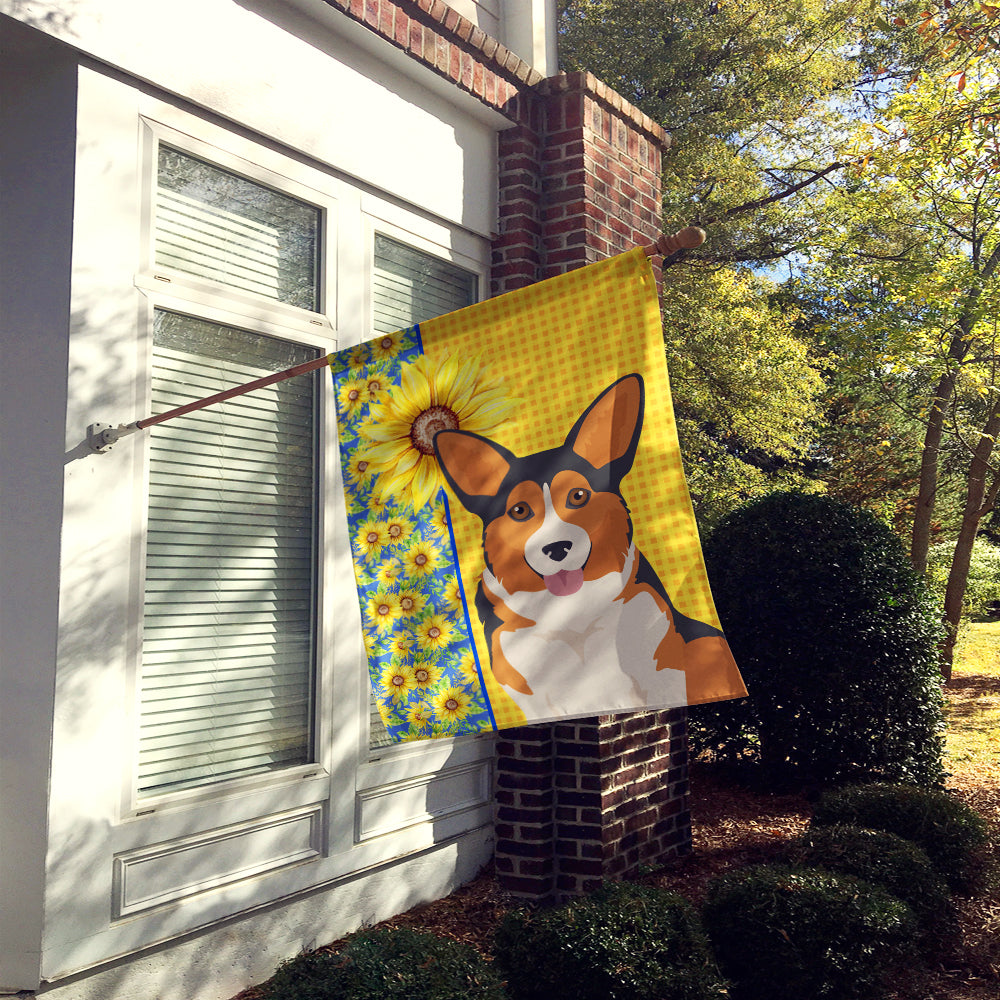 Summer Sunflowers Sable Pembroke Corgi House Flag 28x40 Porch Sleeve Pole Decorative Outside Yard Banner Artwork Wall Hanging, Polyester