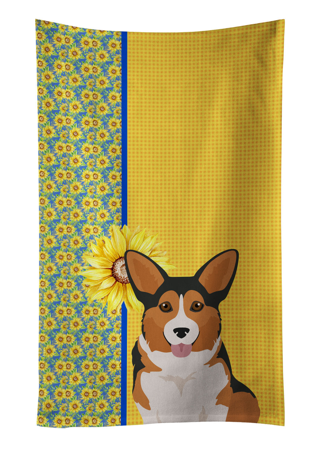 Summer Sunflowers Sable Pembroke Corgi Kitchen Towel Velour Plush Front and Cotton Loop Back Machine Washable