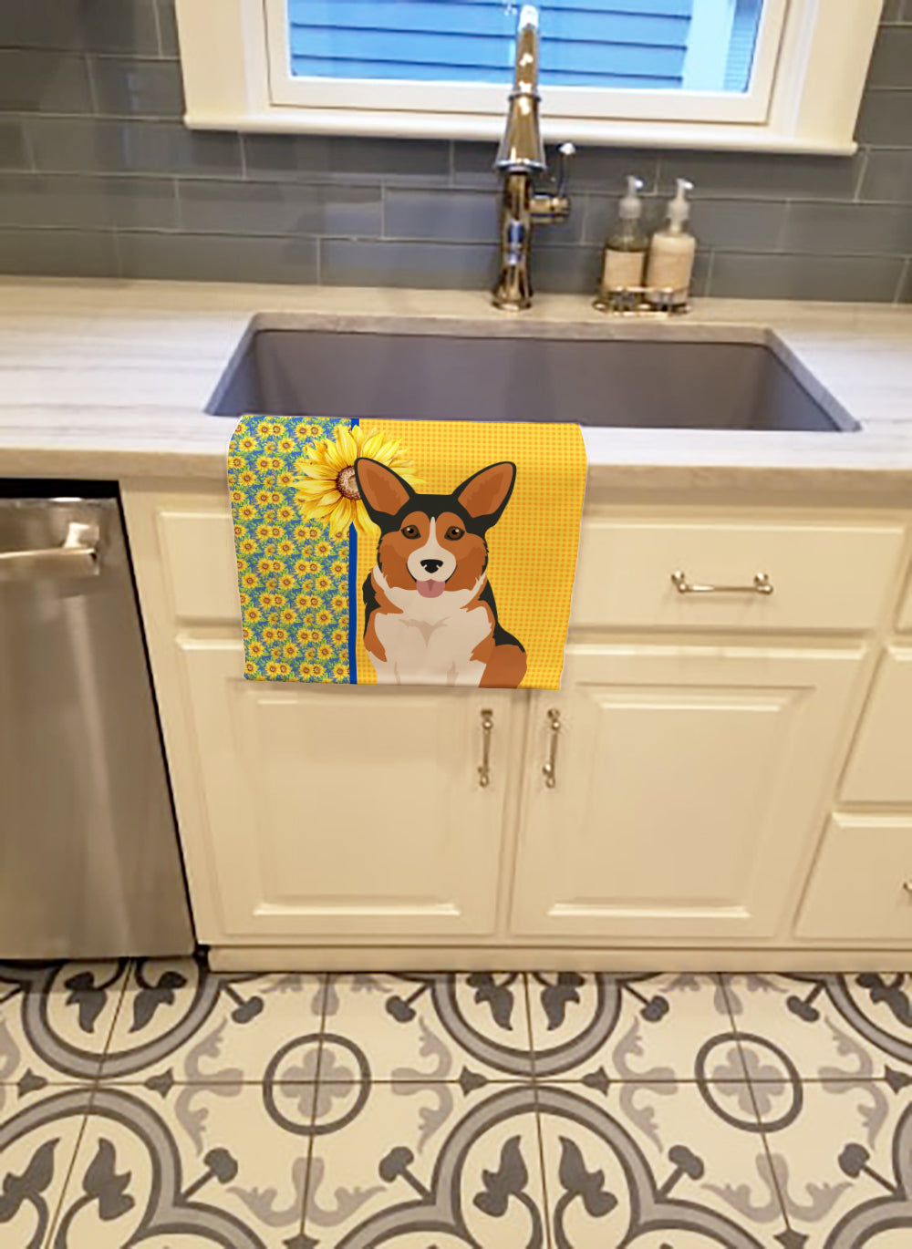 Summer Sunflowers Sable Pembroke Corgi Kitchen Towel Velour Plush Front and Cotton Loop Back Machine Washable