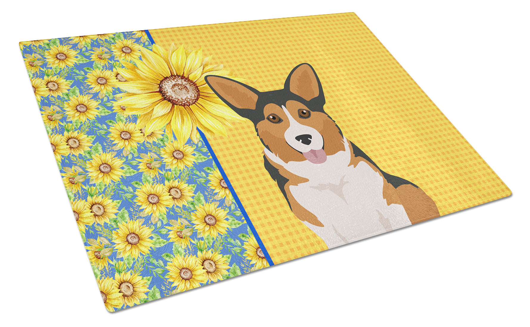 Summer Sunflowers Sable Pembroke Corgi Cutting Board Tempered Glass Kitchen Cutting Surface, Heat Resistant Chopping, Non-Slip Feet, Food Prep & Serving