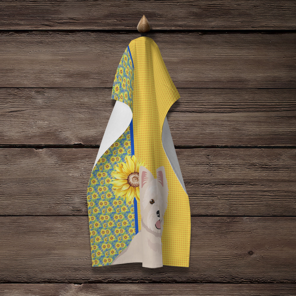 Summer Sunflowers Westie West Highland White Terrier Kitchen Towel Velour Plush Front and Cotton Loop Back Machine Washable