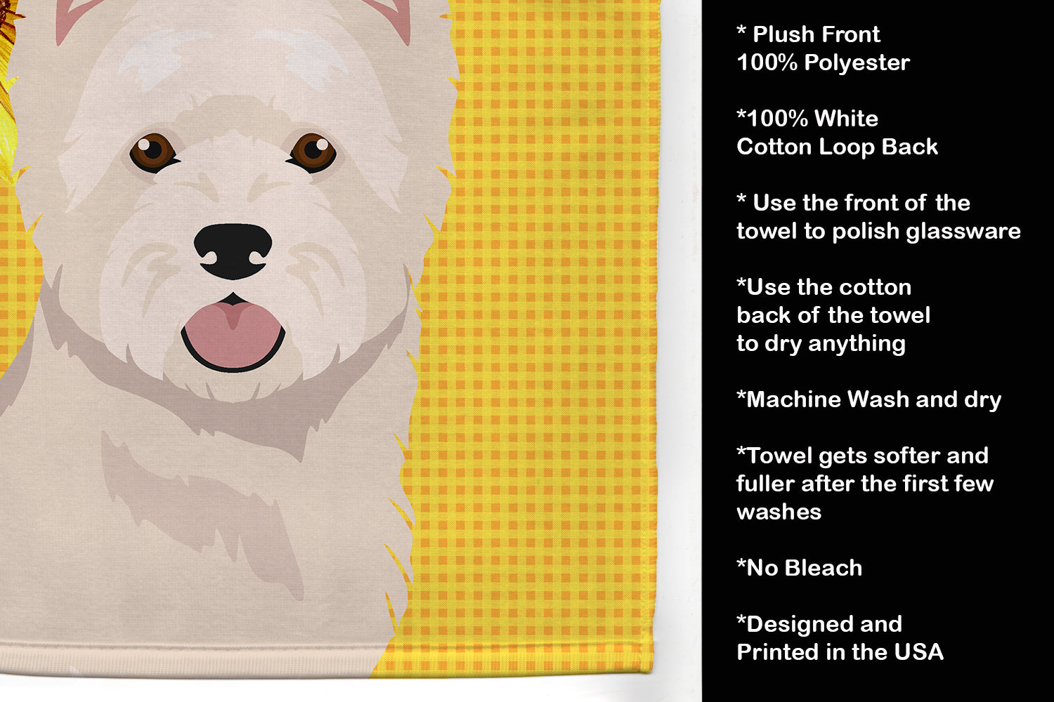 Summer Sunflowers Westie West Highland White Terrier Kitchen Towel Velour Plush Front and Cotton Loop Back Machine Washable