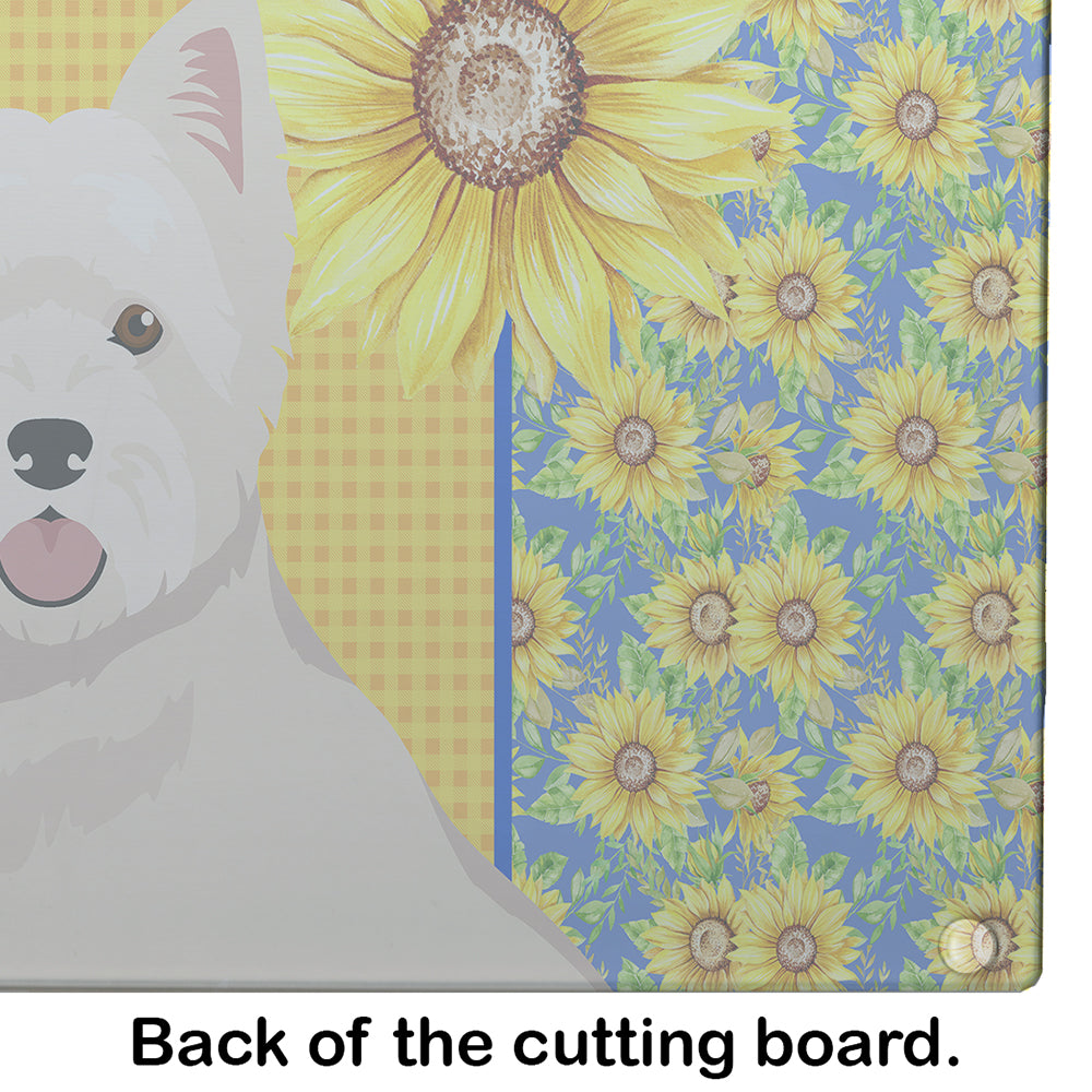 Summer Sunflowers Westie West Highland White Terrier Cutting Board Tempered Glass Kitchen Cutting Surface, Heat Resistant Chopping, Non-Slip Feet, Food Prep & Serving
