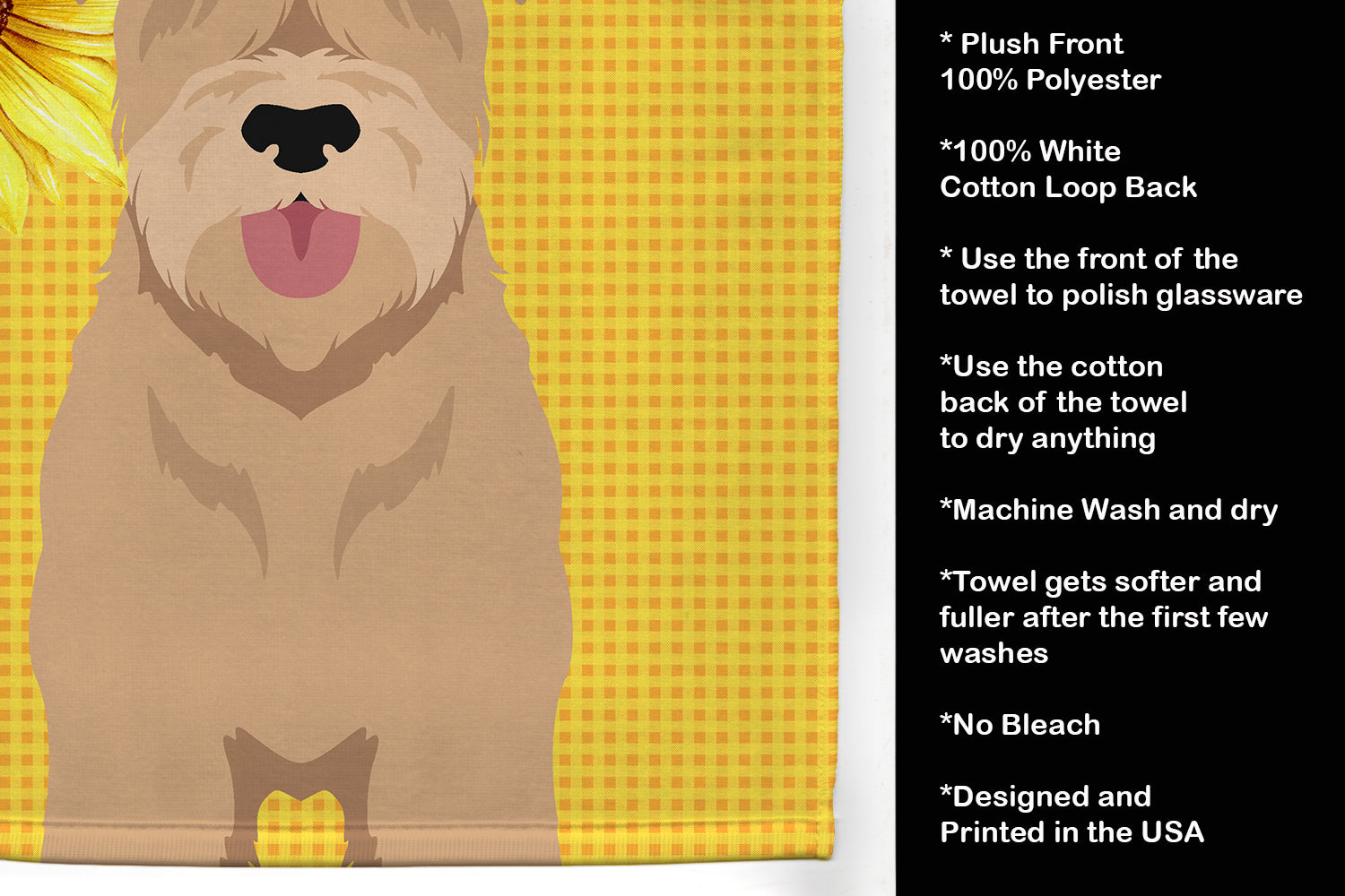 Summer Sunflowers Red Wheaten Terrier Kitchen Towel Velour Plush Front and Cotton Loop Back Machine Washable