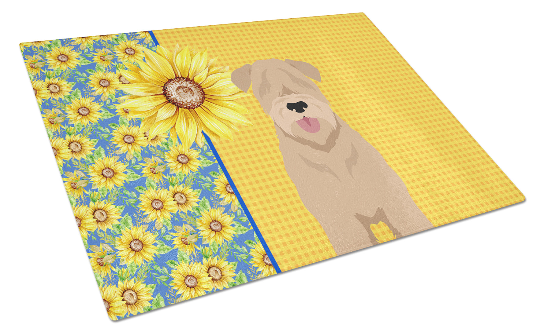 Summer Sunflowers Red Wheaten Terrier Cutting Board Tempered Glass Kitchen Cutting Surface, Heat Resistant Chopping, Non-Slip Feet, Food Prep & Serving