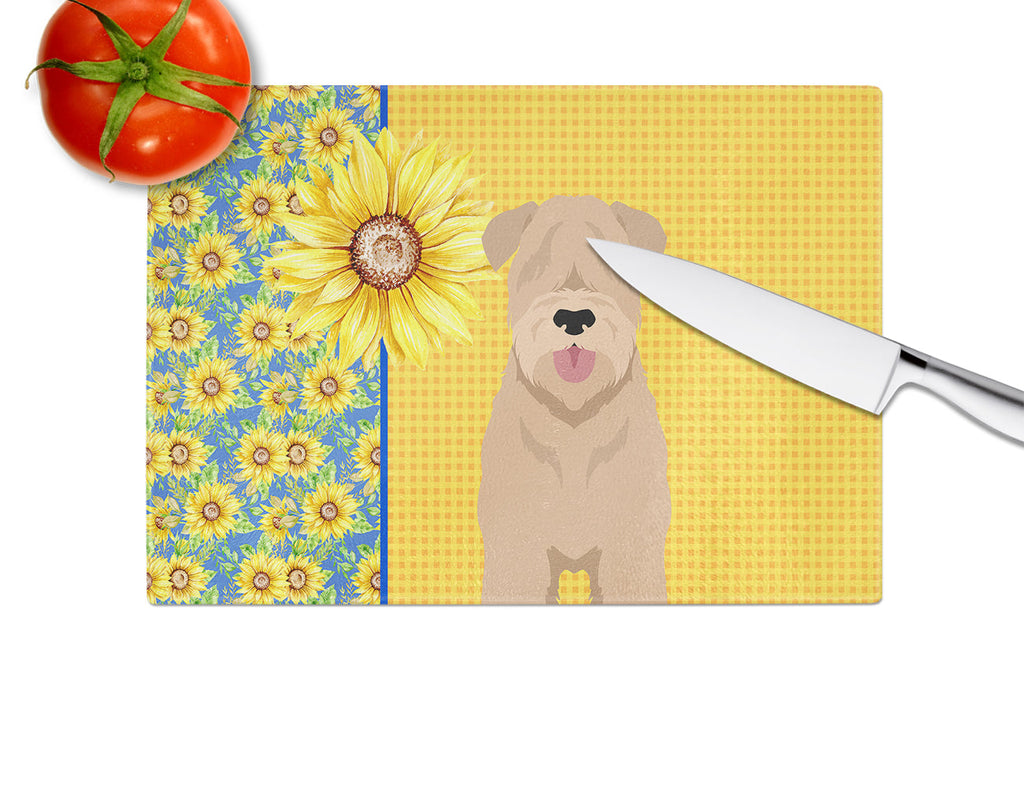 Summer Sunflowers Red Wheaten Terrier Cutting Board Tempered Glass Kitchen Cutting Surface, Heat Resistant Chopping, Non-Slip Feet, Food Prep & Serving