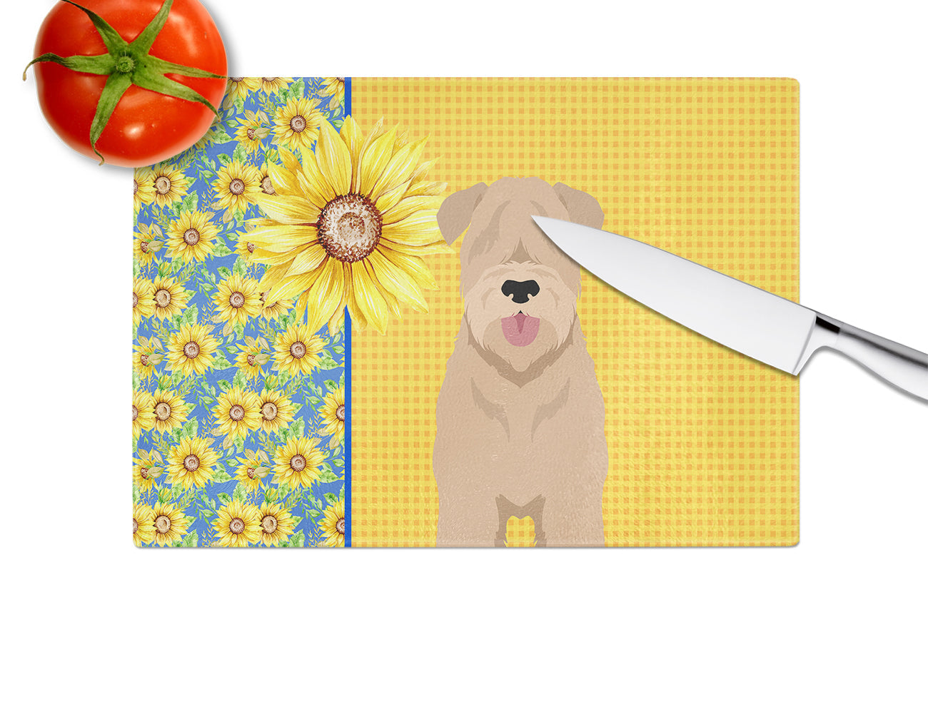 Summer Sunflowers Red Wheaten Terrier Cutting Board Tempered Glass Kitchen Cutting Surface, Heat Resistant Chopping, Non-Slip Feet, Food Prep & Serving